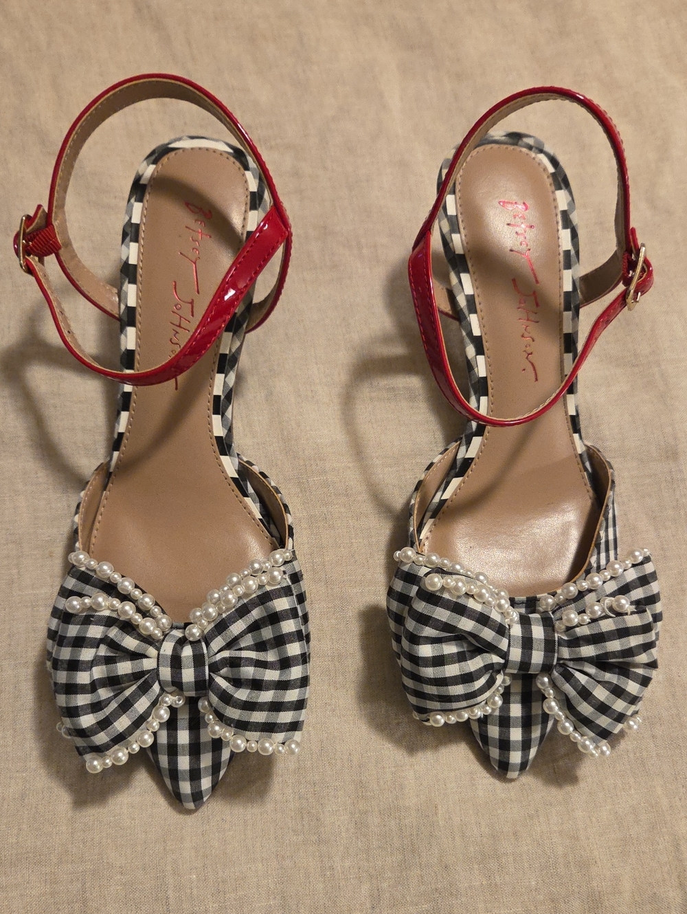 Betsey Johnson Black-and-White Gingham Bow Pearl Slingback Heels with Red Strap